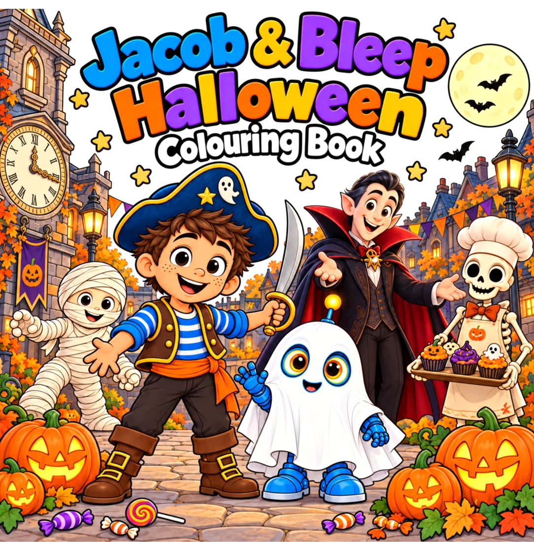 Jacob and Bleep Halloween Colouring Book cover showing Jacob as a pirate, Bleep the friendly ghost robot, a mummy, a vampire, a skeleton baker and pumpkins