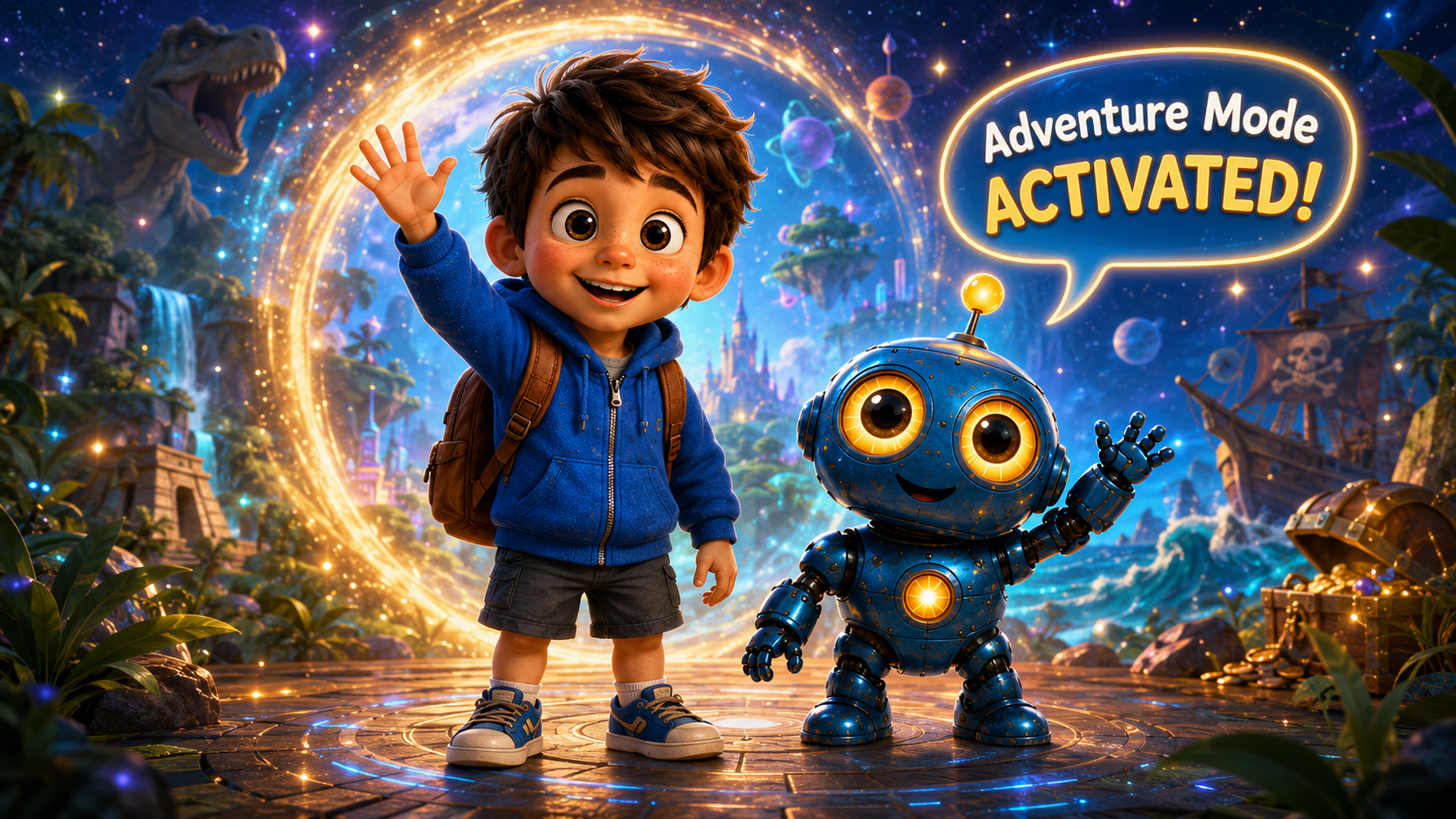 Jacob and Bleep waving hello in front of a glowing adventure portal
