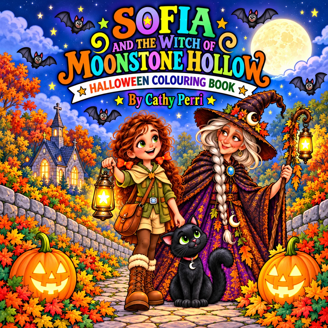 Sofia and the Witch of Moonstone Hollow Halloween Colouring Book cover showing Sofia, a friendly witch, Soot the black cat, pumpkins, bats and a glowing moon