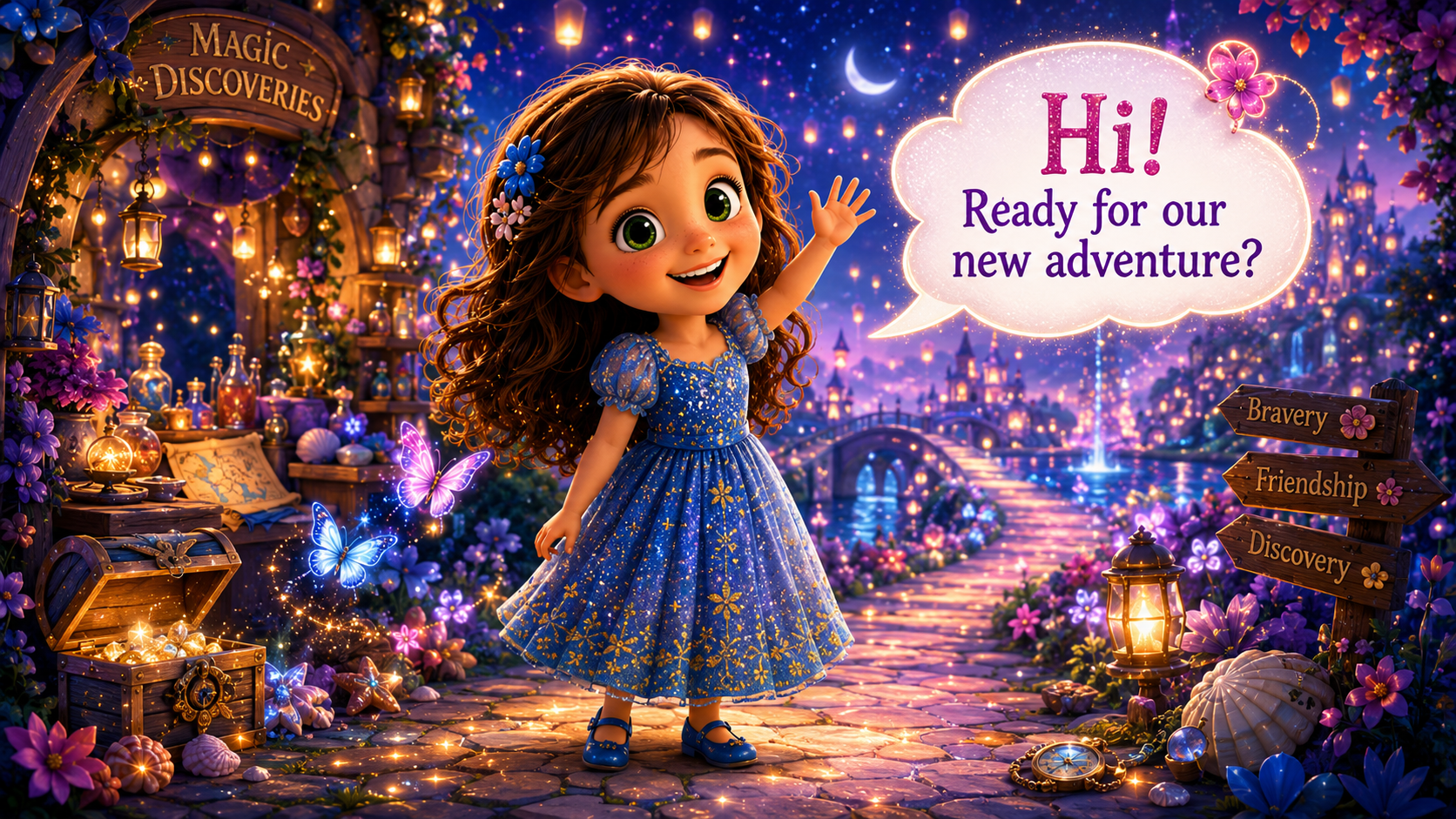 Sofia waving hello in a magical world of treasures, lanterns, butterflies and discovery