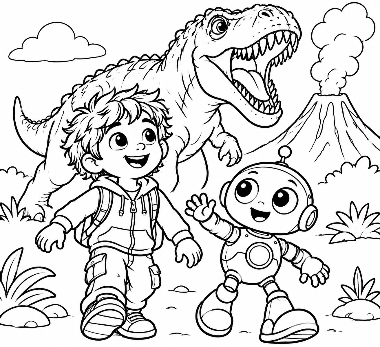 Jacob & Bleep — Dinosaur Adventure printable colouring page