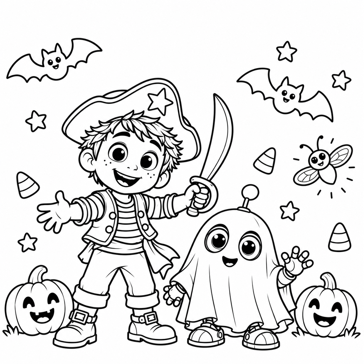 Jacob and Bleep Halloween colouring page, pirate and ghost costumes