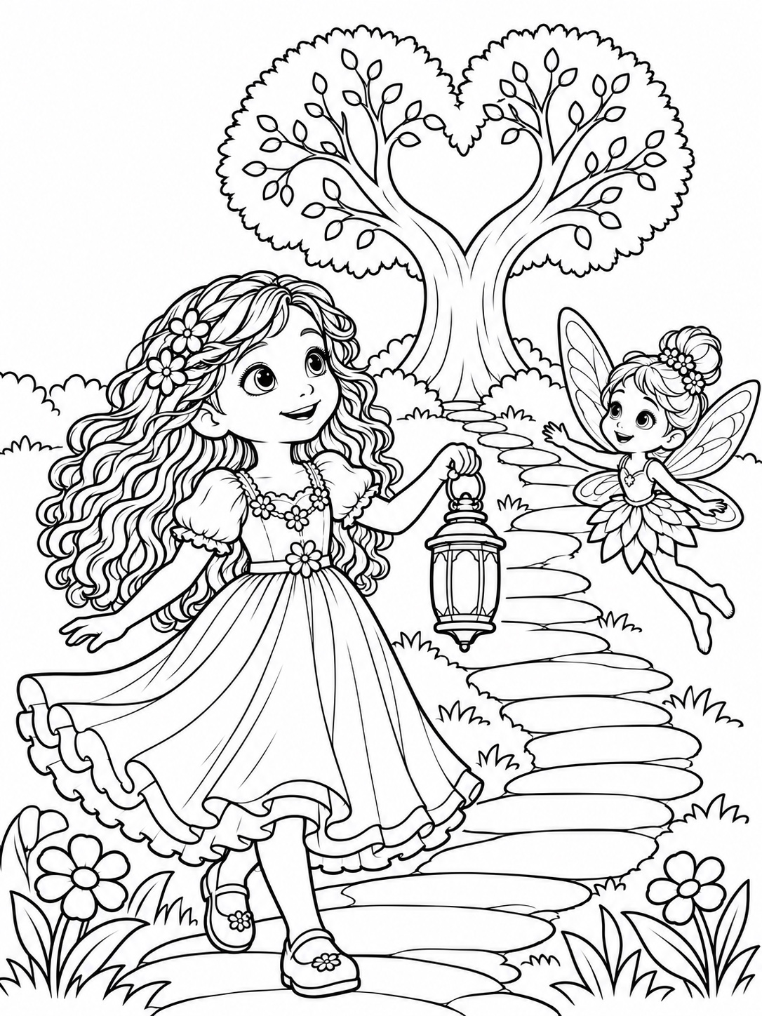 Sofia & the Fairy — Heart Tree printable colouring page