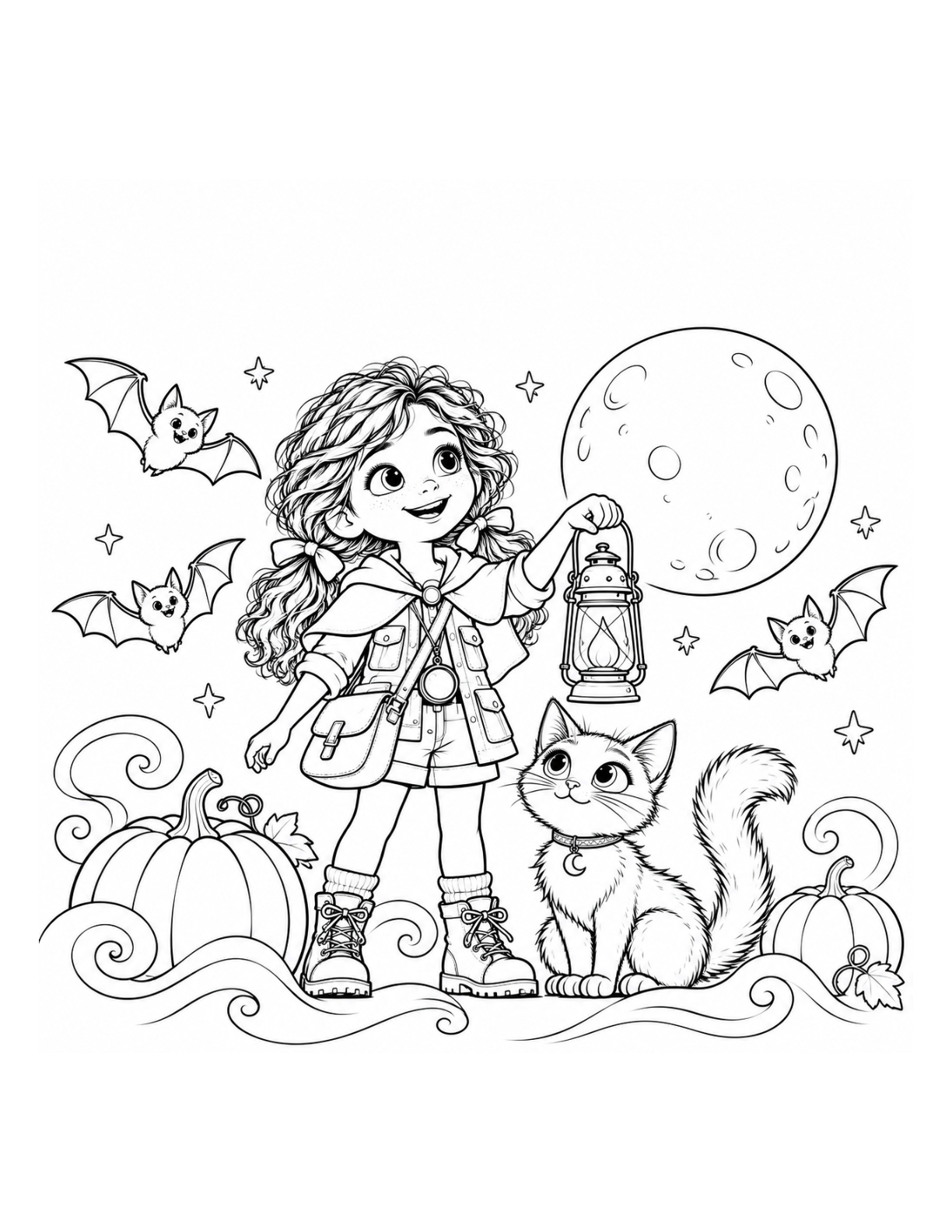 Sofia and Soot Halloween colouring page beneath the moon